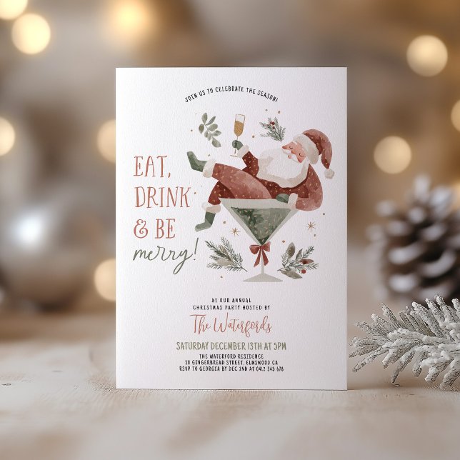 Weihnachtsfeier Santa Martini  Einladung (Eat Drink & Be Merry! A fun Christmas Party invite with Santa in a Martini Glass )