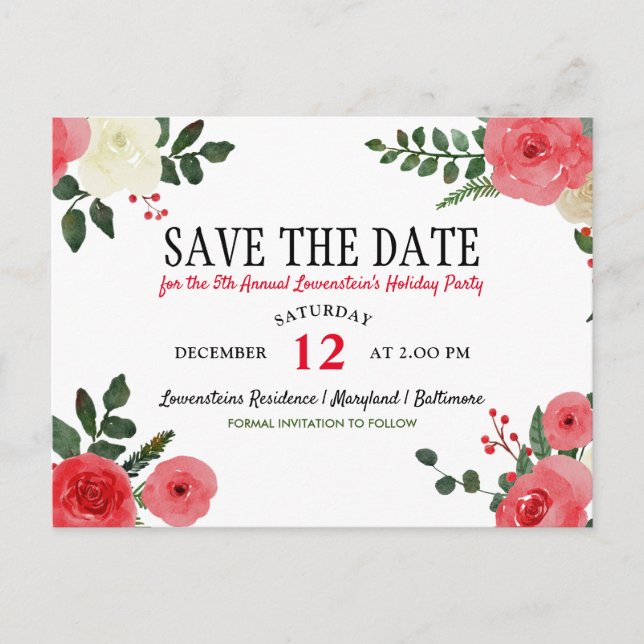 Weihnachtsfeier Save the Date in der rote Rose Ankündigungspostkarte (Vorderseite)
