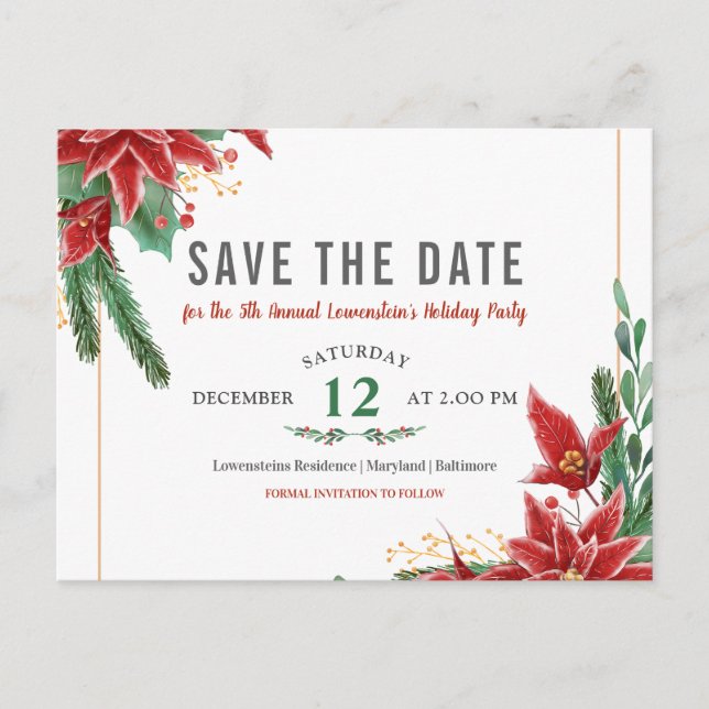 Weihnachtsfeier Save the Date Poinsettia Ankündigungspostkarte (Vorderseite)