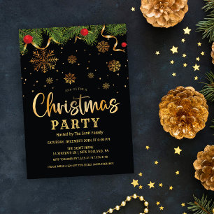 Weihnachtsfeier Schwarz und Gold Schneeflocken Einladung