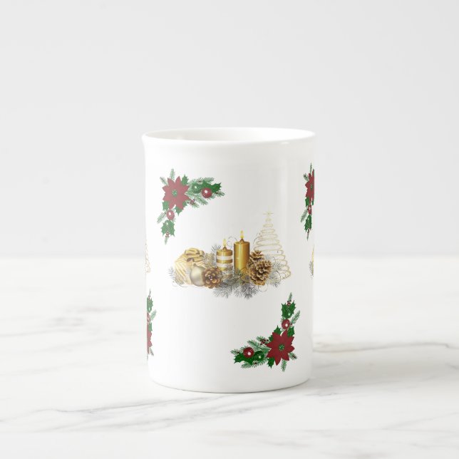 Weihnachtsfeier Tasse, Weihnachtsgoldkerze Prozellantasse (Vorderseite)