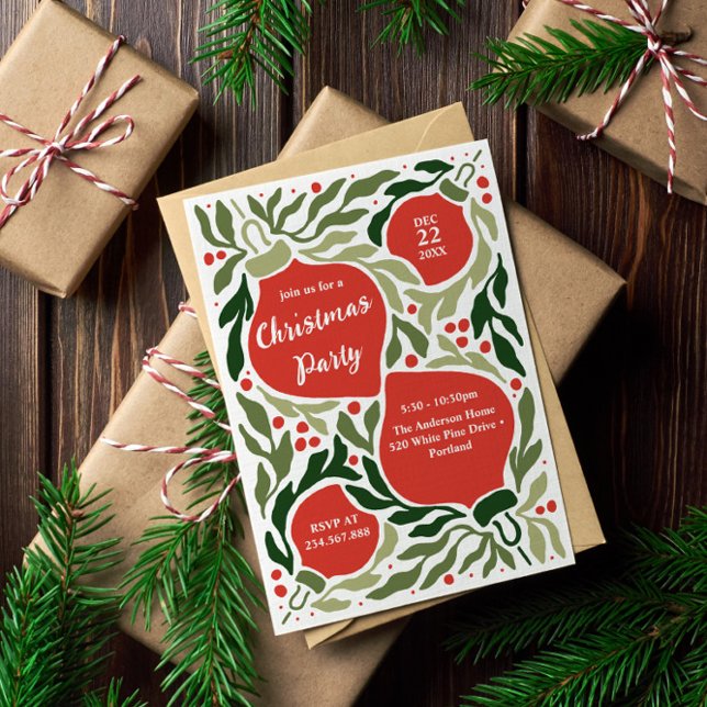 Weihnachtsfeier und Weihnachtsfeier Feiertagskarte (Christmas Holiday Party Invitation with extra text on the back. Perfect for ornament exchange party)