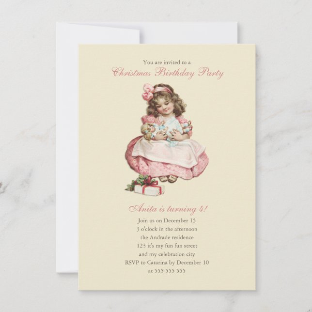 Weihnachtsfeier Vintages Niedliches Girl Pink Einladung (Vorderseite)
