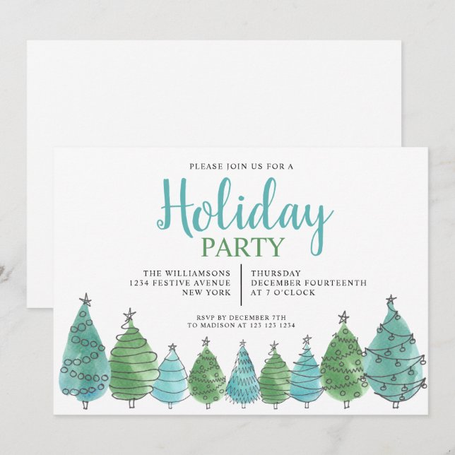 Weihnachtsfeier "Watercolor Green Christmas Trees" Einladung (Vorne/Hinten)