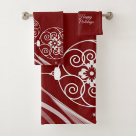 Weihnachtsfeier Weiße Ornamente Sterne Rot Elegant Badhandtuch Set