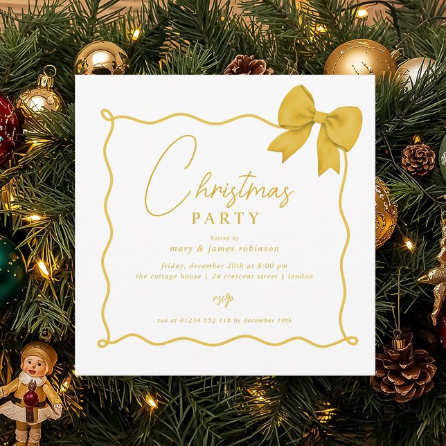 Weihnachtsfeier Whimsical Gold Bow Einladung (Christmas Holiday Party Whimsical Gold Bow Invitation)
