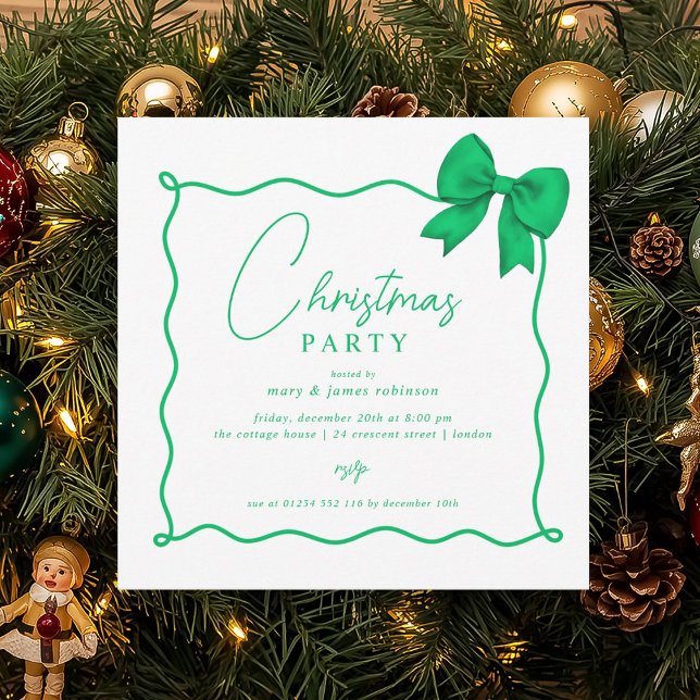Weihnachtsfeier Whimsical Green Bow Einladung (Christmas Holiday Party Whimsical Green Bow Invitation)