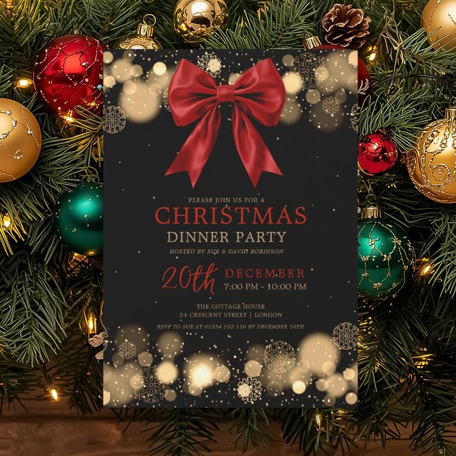 Weihnachtsfeier Winter Bow Rot Gold Einladung (Xmas Holiday Dinner Party Winter Bow Red Gold Invitation)