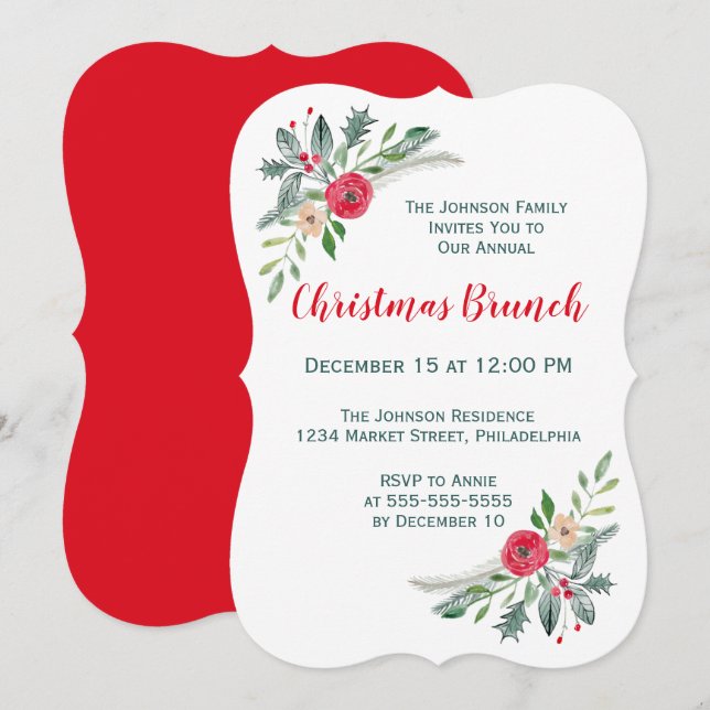 Weihnachtsfeier Winter Florals & Holly Einladung (Vorne/Hinten)