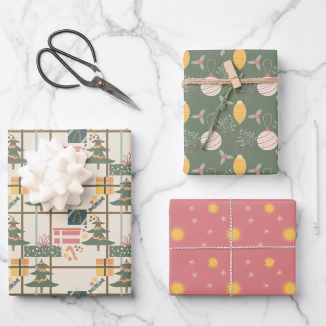 Weihnachtsfeier Wrapping Paper Set von 3 Geschenkpapier Set (Vorderseite)