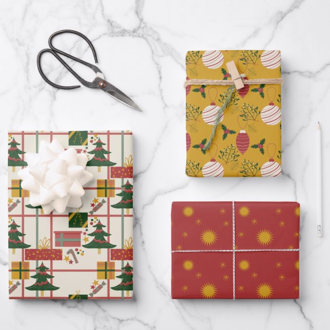 Weihnachtsfeier Wrapping Paper Set von 3 Geschenkpapier Set (Vorderseite)