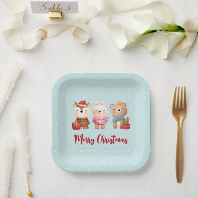 Weihnachtsfeiern - Rentiere, Bären und Kaninchen Pappteller (Hochzeit)