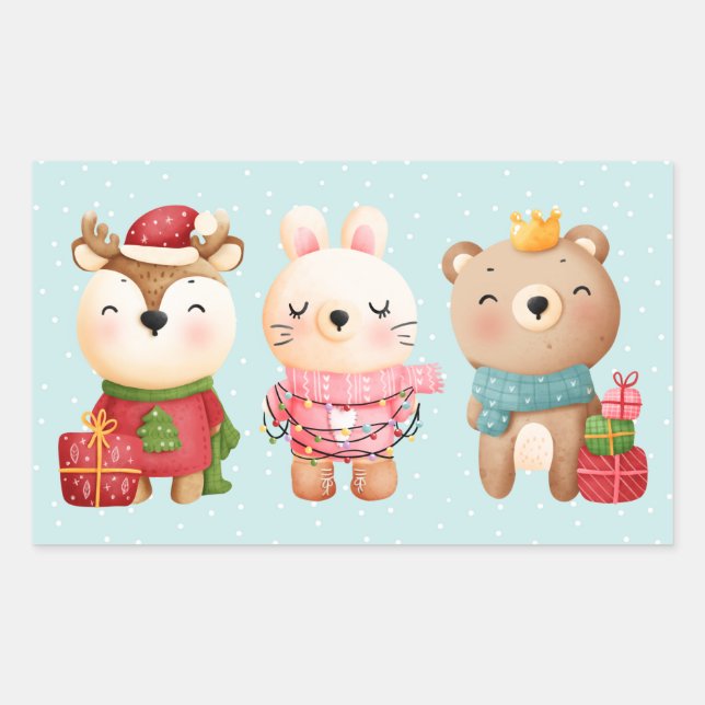 Weihnachtsfeiern - Rentiere, Bären und Kaninchen Rechteckiger Aufkleber (Vorderseite)