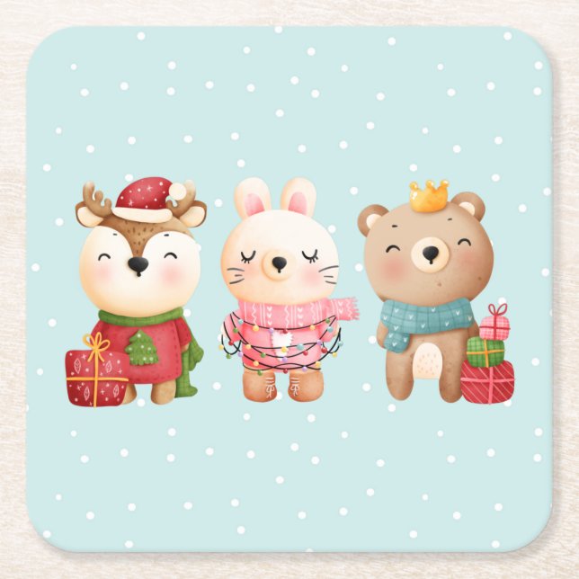 Weihnachtsfeiern - Rentiere, Bären und Kaninchen Rechteckiger Pappuntersetzer (Vorderseite)
