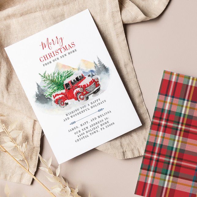 Weihnachtsfeiertag-Ankündigung (Plaid Red Truck Rustic Holiday Moving Announcement)