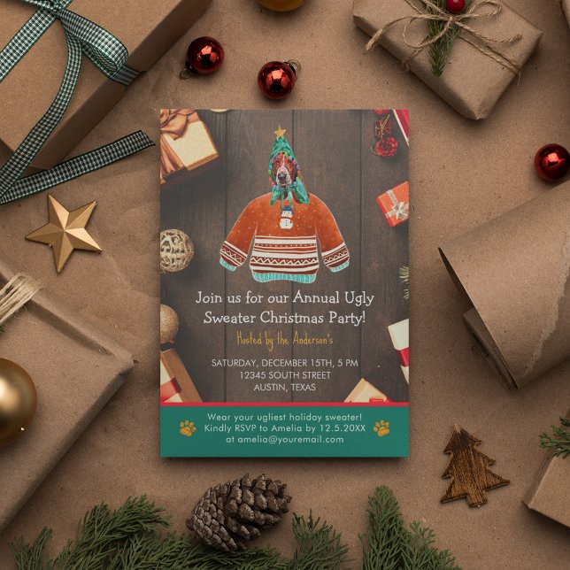 Weihnachtsfeiertag Basset Hound Ugly Sweater Party Einladung (Front)