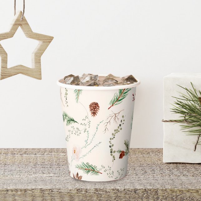 Weihnachtsfeiertag Boho Elegant Poinsettia Grün Pappbecher (Elegant Pine Greenery Poinsettia Christmas Party Cups)