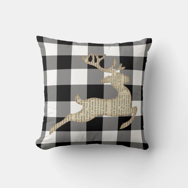 Weihnachtsfeiertag Deer Schwarz-weiß Gingham Kissen (Vorderseite)