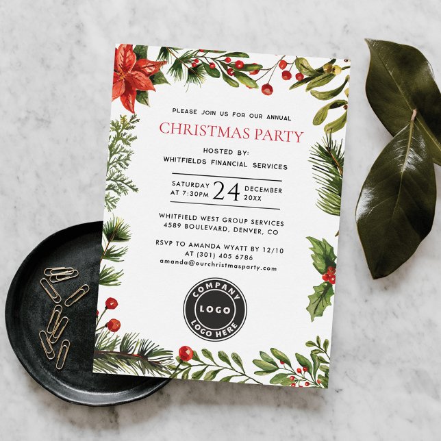 Weihnachtsfeiertag der Firmenmitarbeiter Einladung (Christmas Holidays Company Logo Poinsettia Red Berries Botanical Annual Party Invitation)