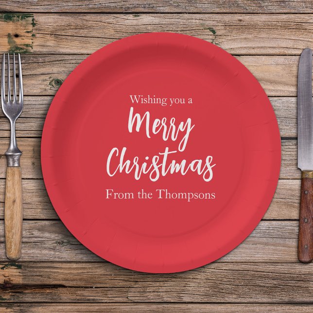 Weihnachtsfeiertag Einfach Rot Minimalistisch Nied Pappteller (Simple Merry Christmas cute red and white calligraphy script paper plate)