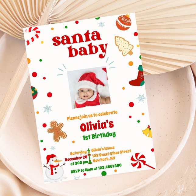 Weihnachtsfeiertag Foto 1. Geburtstag Einladung (Christmas Photo Invitation, Santa Baby, Christmas Birthday Invite, Cute Christmas Invite, Holiday Th)