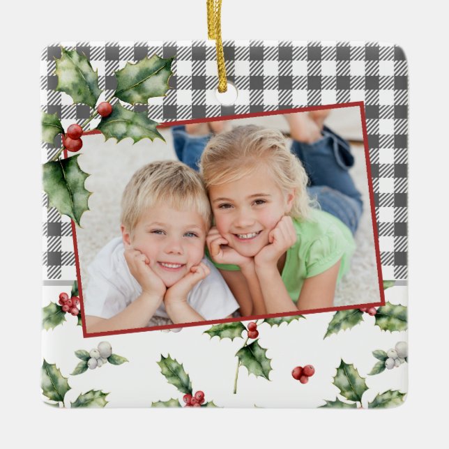 Weihnachtsfeiertag Foto Karierte Wasserfarbe Keramikornament (Vorderseite)