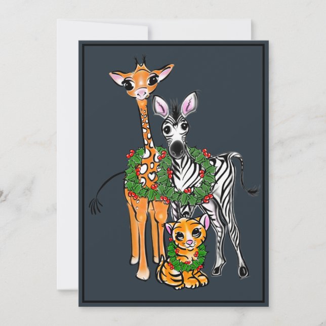 Weihnachtsfeiertag Giraffe, Zebra, Tiger Feiertagskarte (Vorderseite)