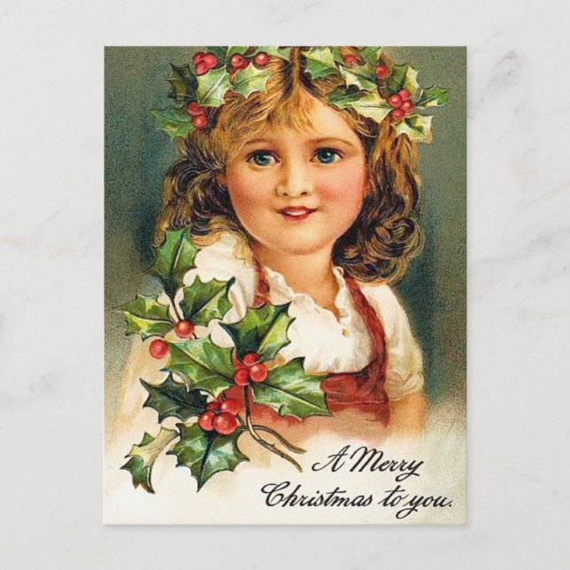 Weihnachtsfeiertag Holly Mädchen Postkarte (Vorderseite)