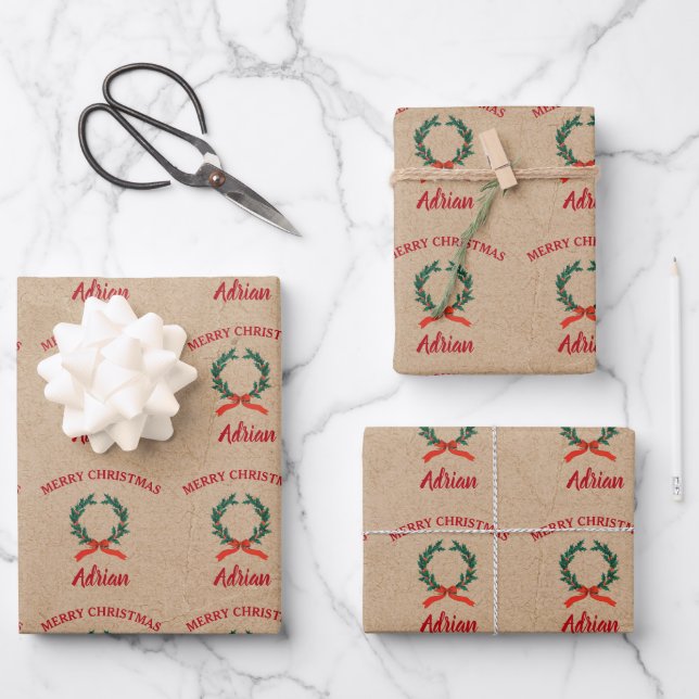 Weihnachtsfeiertag Individuelle Name Kraft Geschenkpapier Set (Vorderseite)
