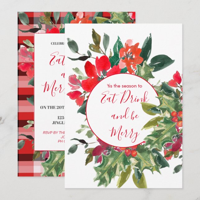 Weihnachtsfeiertag Jahreszeit Holly Wreath Red Einladung (Vorne/Hinten)