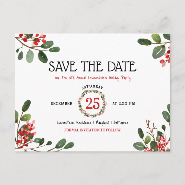 Weihnachtsfeiertag Jährliches Party Save the Date Ankündigungspostkarte (Vorderseite)