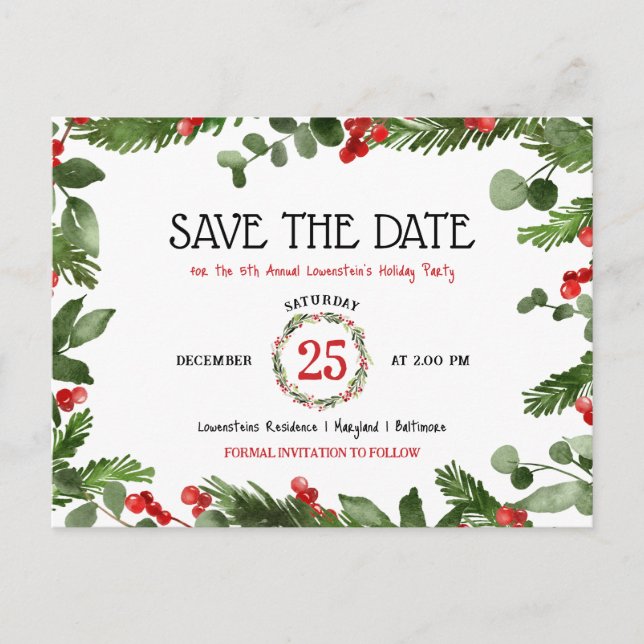 Weihnachtsfeiertag Jährliches Party Save the Date Ankündigungspostkarte (Vorderseite)