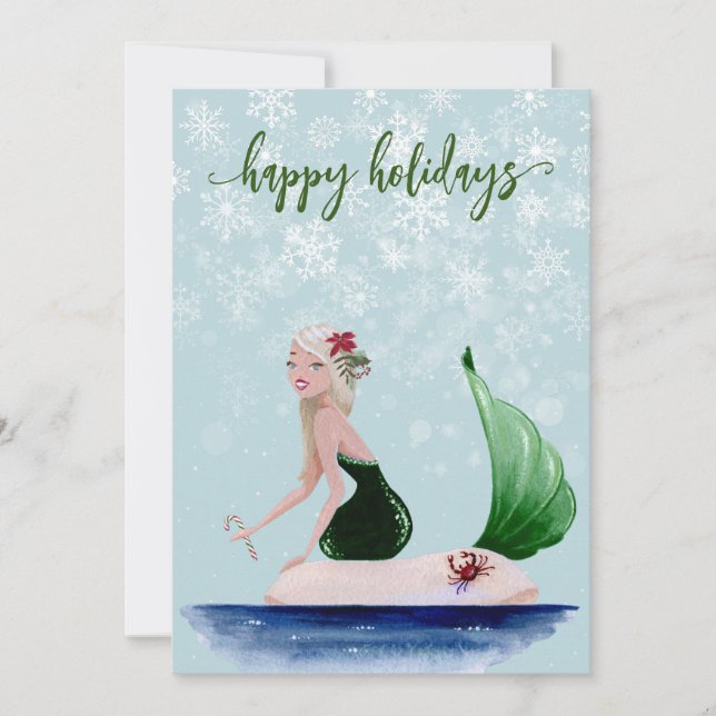 Weihnachtsfeiertag Mermaid Green Feiertagskarte (Vorderseite)