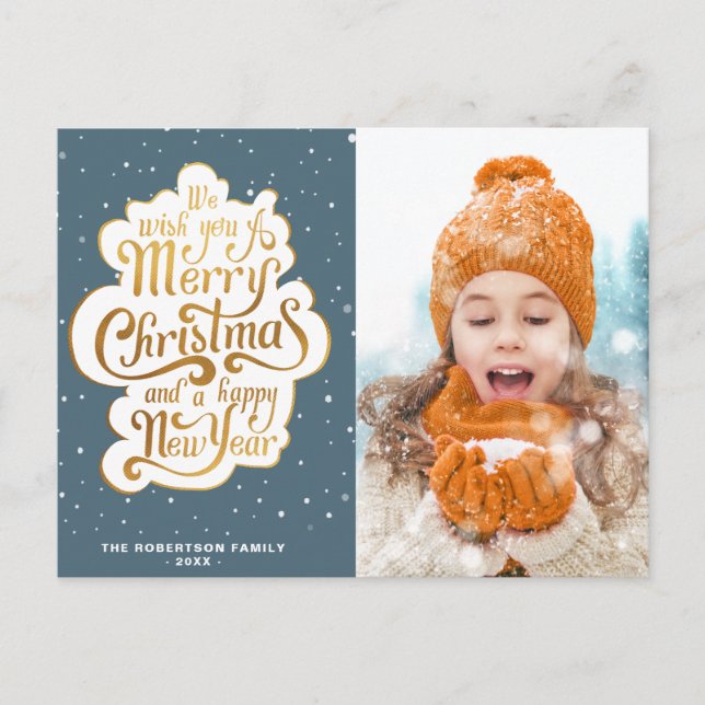 Weihnachtsfeiertag mit goldenem Drehbuch Foto Postkarte (Vorderseite)