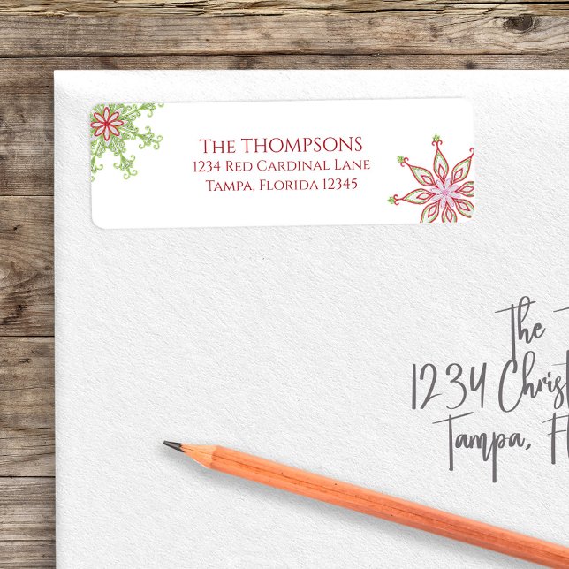 Weihnachtsfeiertag Niedliche Schneeflocke (Christmas colorful whimsical red and green snowflakes return address label. )