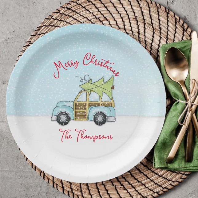 Weihnachtsfeiertag Niedlicher Sonnenbaum Whimsisch Pappteller (Merry Christmas cute car with Christmas tree Woodie Wagon paper plate. )