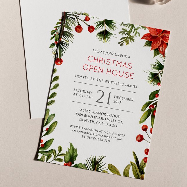 Weihnachtsfeiertag Offenes Haus Party Flyer (Poinsettia Red Berries Family Christmas Party Invitation)