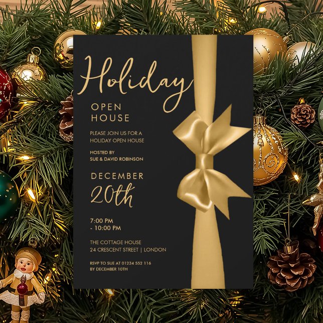 Weihnachtsfeiertag Open House Gold Ribbon Black Einladung (Christmas Holiday Open House Gold Ribbon Black Invitation)