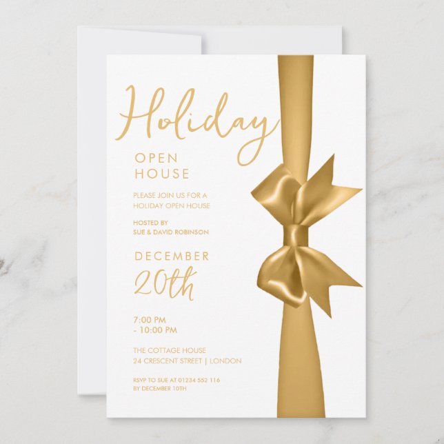 Weihnachtsfeiertag Open House Gold Ribbon Einladung (Vorderseite)