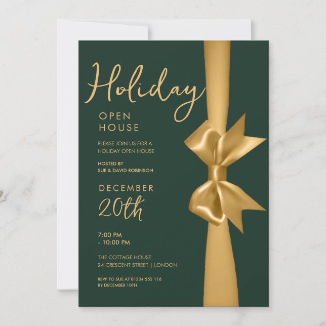 Weihnachtsfeiertag Open House Gold Ribbon Green Einladung (Vorderseite)