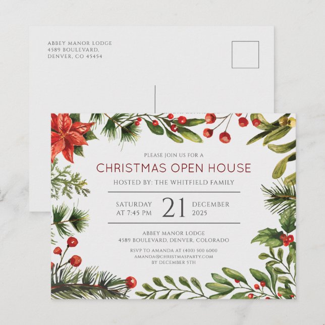 Weihnachtsfeiertag Open House Party Einladungspostkarte (Vorne/Hinten)