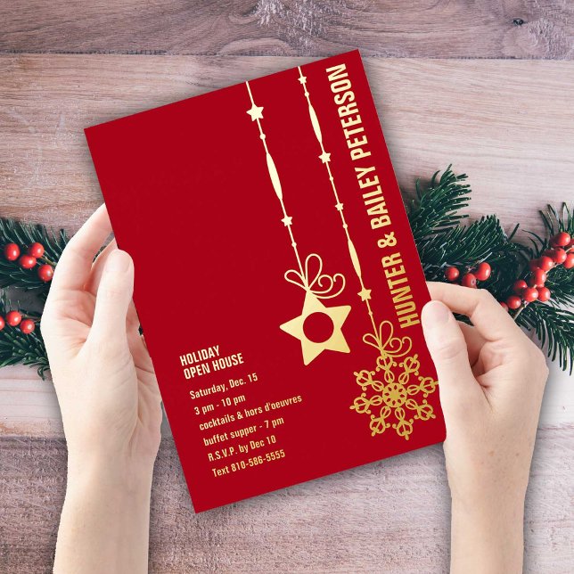 Weihnachtsfeiertag Open House Party Gold Folieneinladung (Festive Gold Foil Invitation for your Holiday Open House.  Available in four colors.)