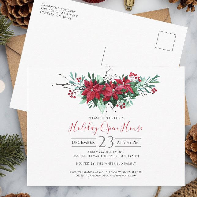 Weihnachtsfeiertag Open House Partys floral Einladungspostkarte (Christmas Open House Script Poinsettia Party Invitation)