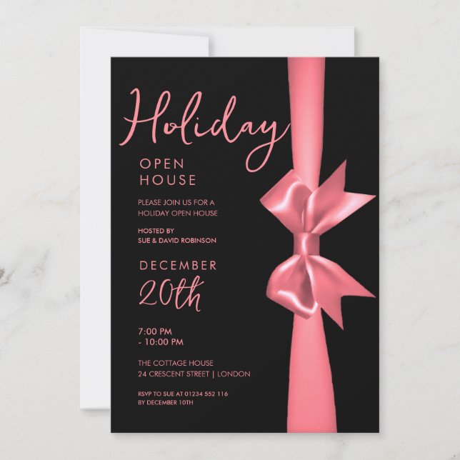 Weihnachtsfeiertag Open House Rose Gold Ribbon Einladung (Vorderseite)
