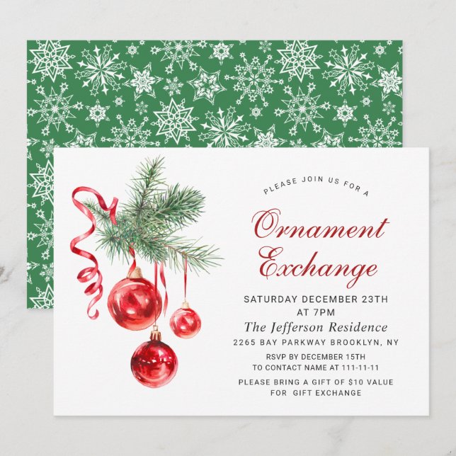 Weihnachtsfeiertag Ornament Exchange Party Einladung (Vorne/Hinten)