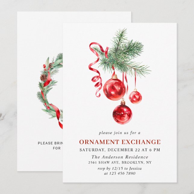 Weihnachtsfeiertag Ornament Exchange Party Einladung (Vorne/Hinten)