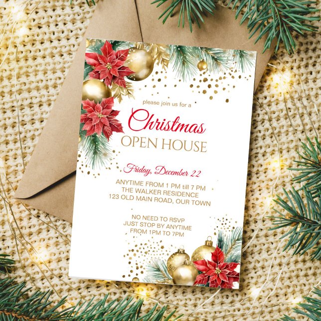 Weihnachtsfeiertag Party Poinsettia Gold Einladung (Christmas open house template invitation watercolor red poinsettia gold baubles pines gold sprinkles)