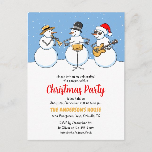 Weihnachtsfeiertag Party Snowmen Jazzband Einladungspostkarte (Vorderseite)