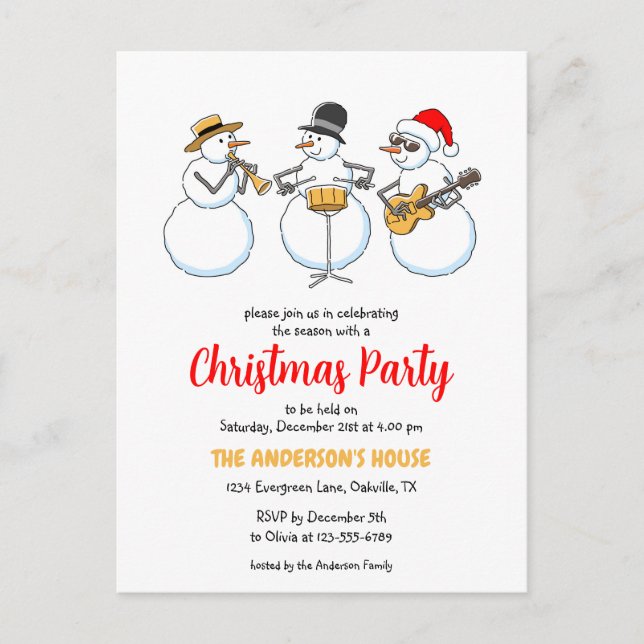 Weihnachtsfeiertag Party Snowmen Jazzband Einladungspostkarte (Vorderseite)