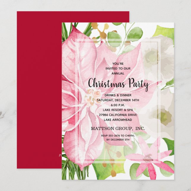 Weihnachtsfeiertag Pink Poinsettia Flora Einladung (Vorne/Hinten)